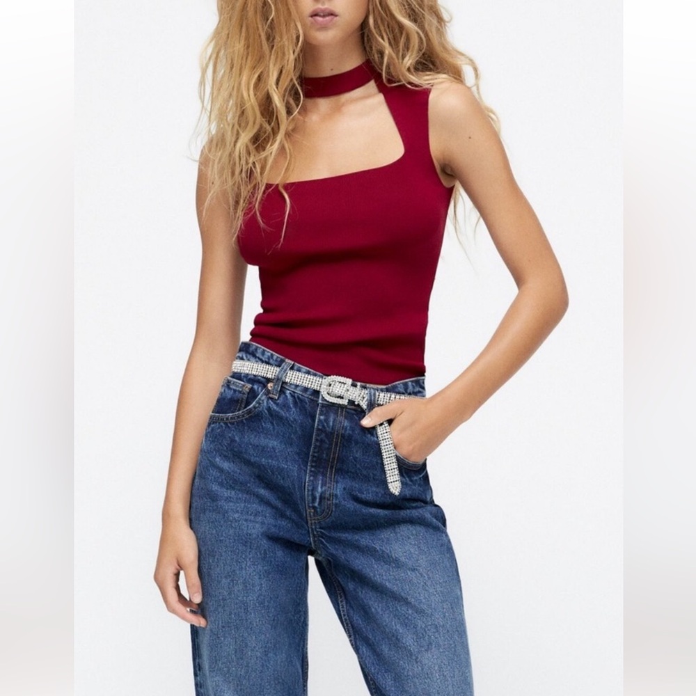Zara Wine Burgundy Red Knit Cutout Square Neck Stretchy Top